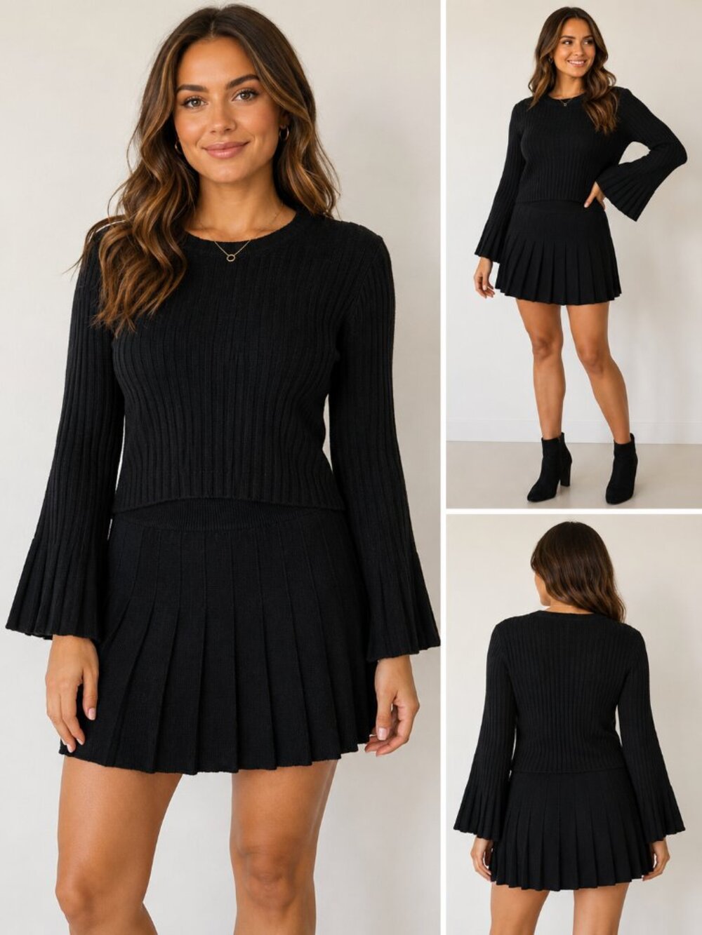 SENSERISE Women’s Black Knit 2 Piece Set Pleated Skirt Bell Sleeve Sweater Size